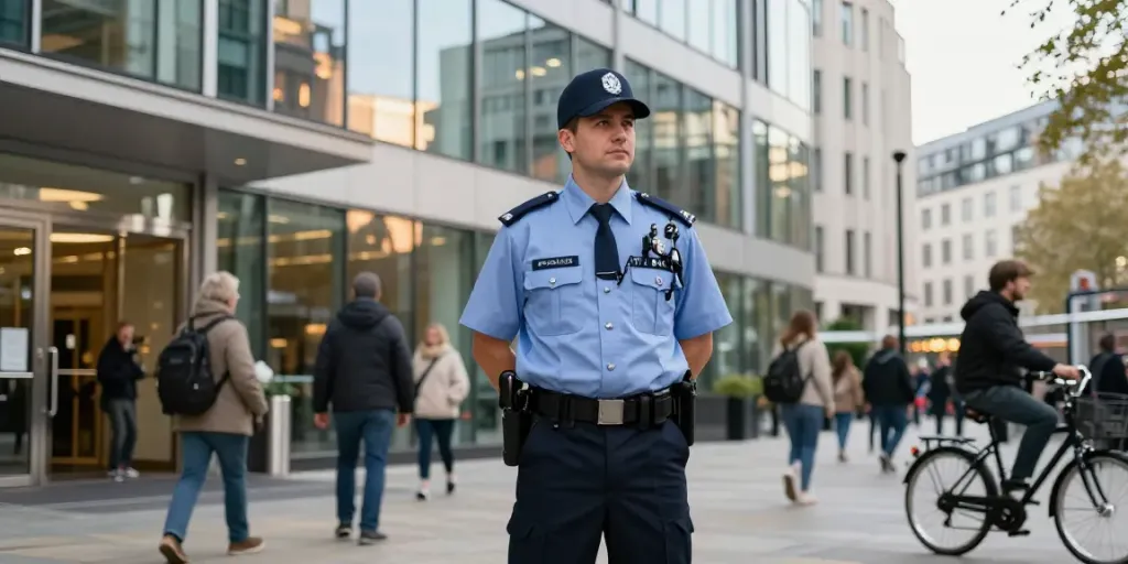 Security guard ensuring safety at a vibrant London corporation, demonstrating community-focused professionalism.