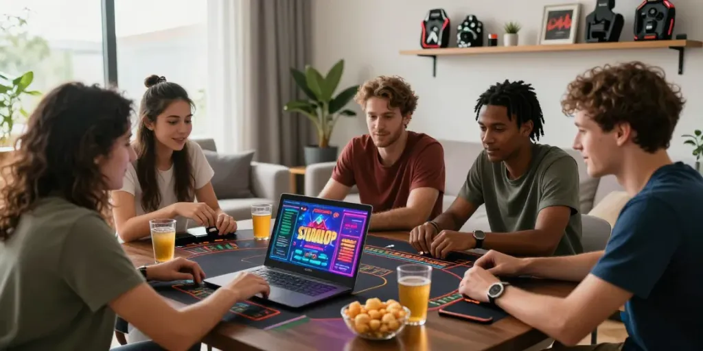 Friends exploring casinos not on gamstop together in a bright living room