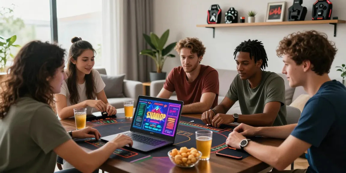 Friends exploring casinos not on gamstop together in a bright living room