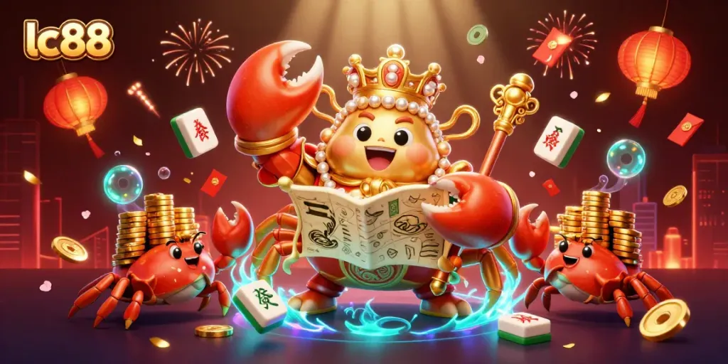 Engage in thrilling gameplay at lc88 with a vibrant underwater casino scene featuring a golden crab emperor amidst lively gaming elements.