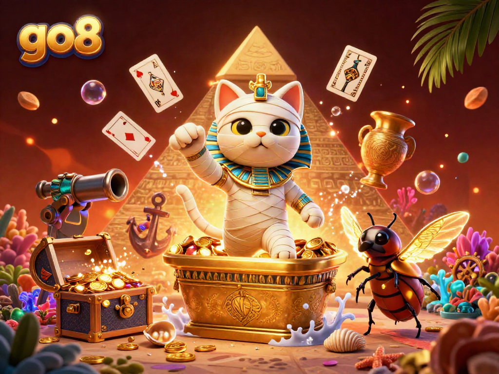 Join the excitement at go8, where the Egyptian mummy cat and glowing scarab beetle create a stunning casino adventure.