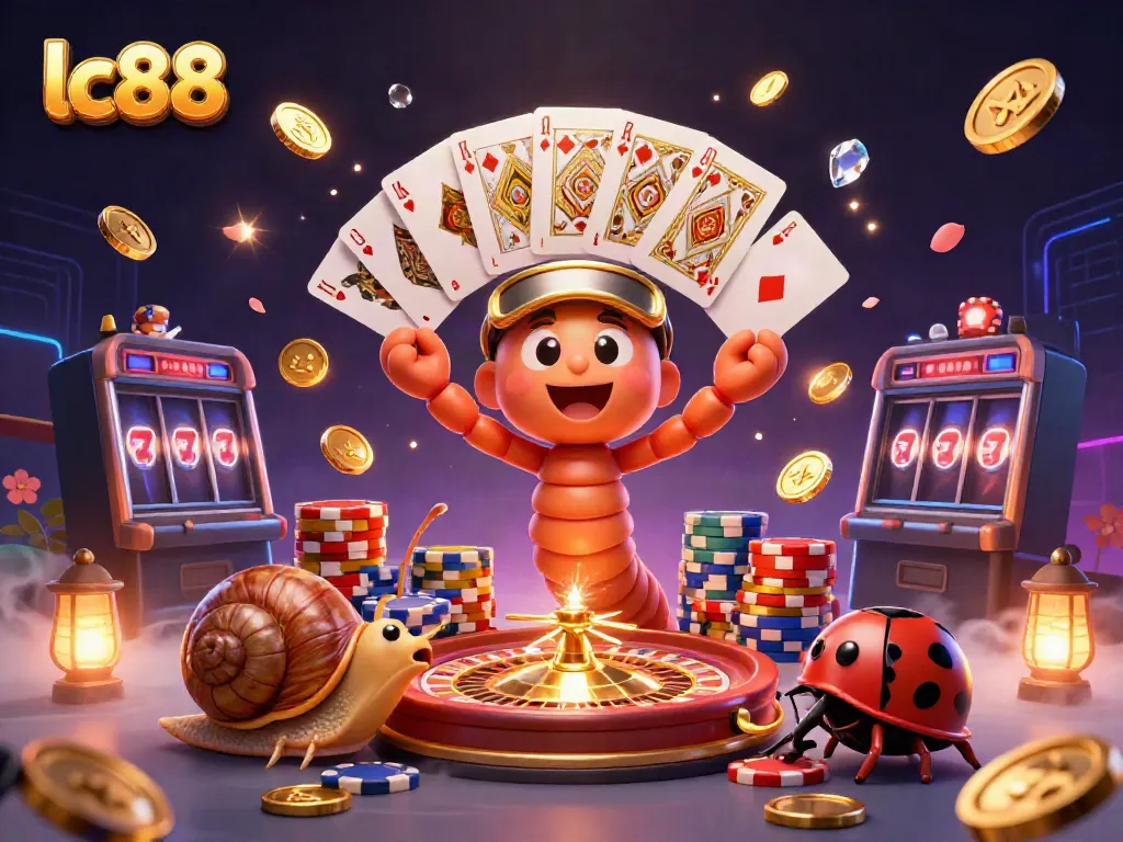 Embed lc88 in an exhilarating casino scene featuring a lively dealer, high-roller snail, and action-packed elements.