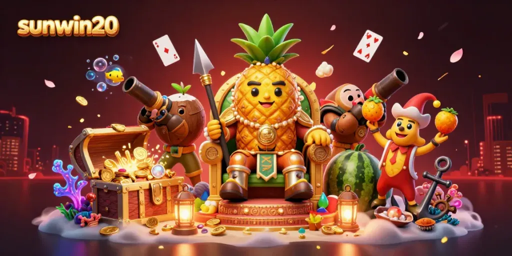 Experience the excitement of sunwin20 with a vibrant casino-inspired 3D scene full of fun characters and treasures.