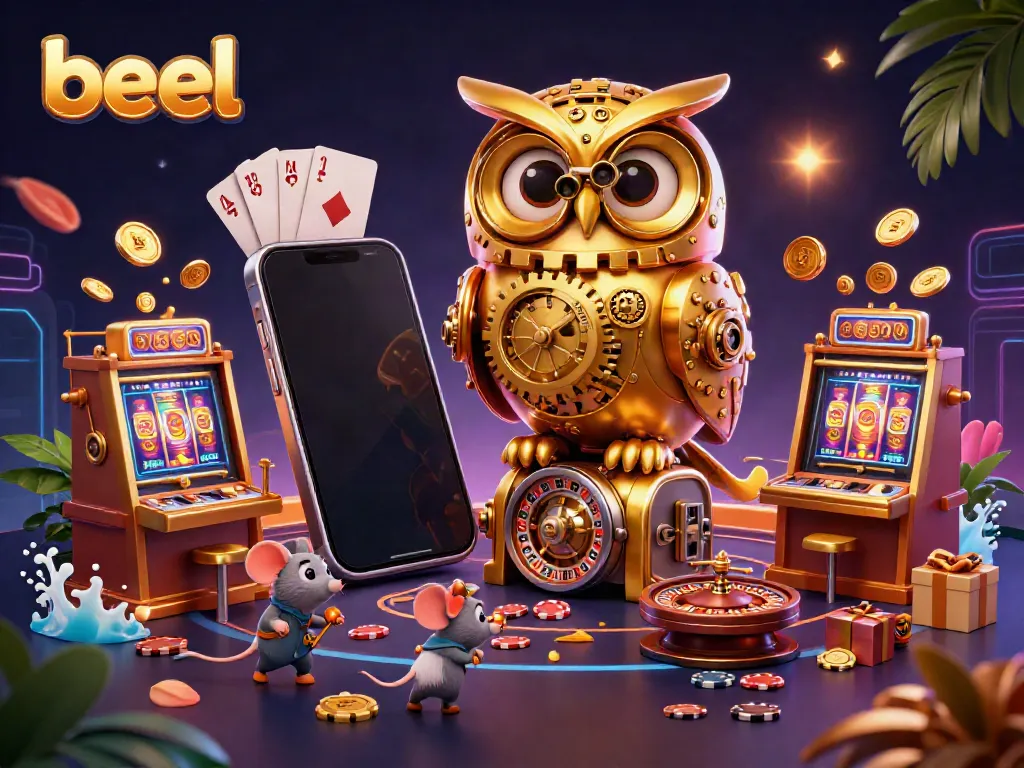 Engage with the beel gaming experience through a vibrant 3D casino illustration featuring a golden owl and slot games.