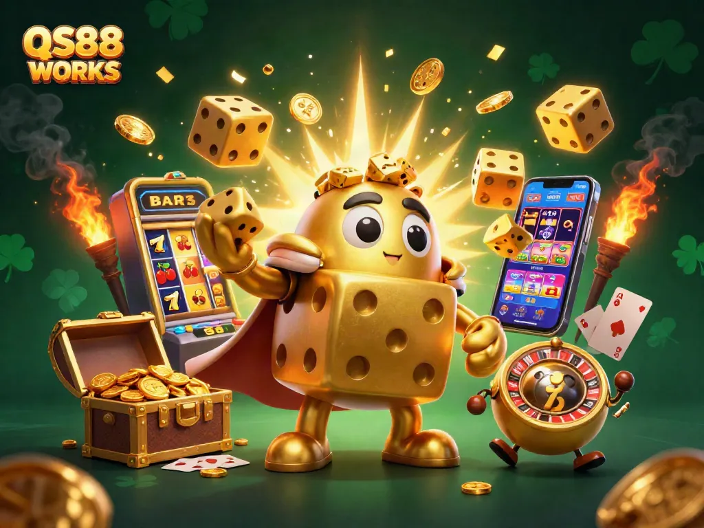 QS88 WORKS presents a vibrant casino scene featuring a golden dice golem juggling dice amidst a jackpot explosion.