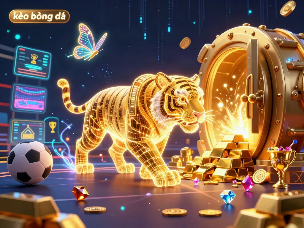 Engage with the kèo bóng đá environment featuring a neon-wireframe tiger among rich casino elements.