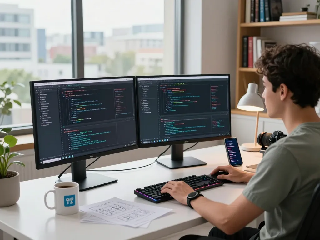 Molt bot central in a dynamic software development workspace with dual monitors and collaborative elements.