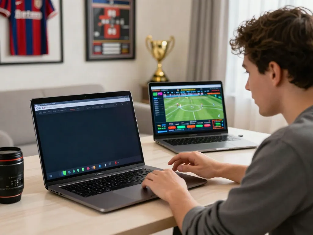 Engaged user on https://five88.boats/ betting on sports from a cozy home setup, laptop and smartphone in use.