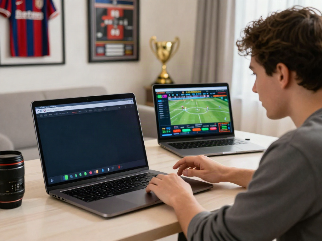 Engaged user on https://five88.boats/ betting on sports from a cozy home setup, laptop and smartphone in use.