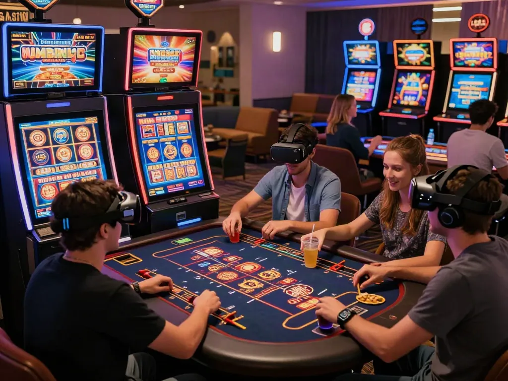 Friends exploring casinos not on gamstop while enjoying games and drinks in a vibrant lounge.