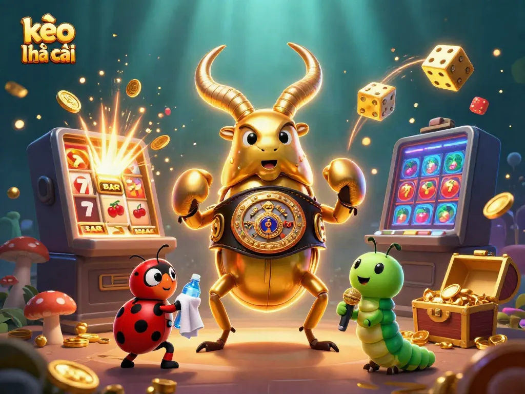 Bettors engage with kèo nhà cái as a giant golden beetle champions sports betting amidst casino elements.