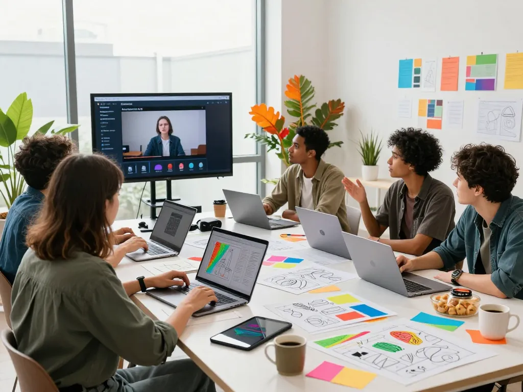 Diverse content creators collaborating in a modern studio, showcasing Seedance AI's innovative video generation.