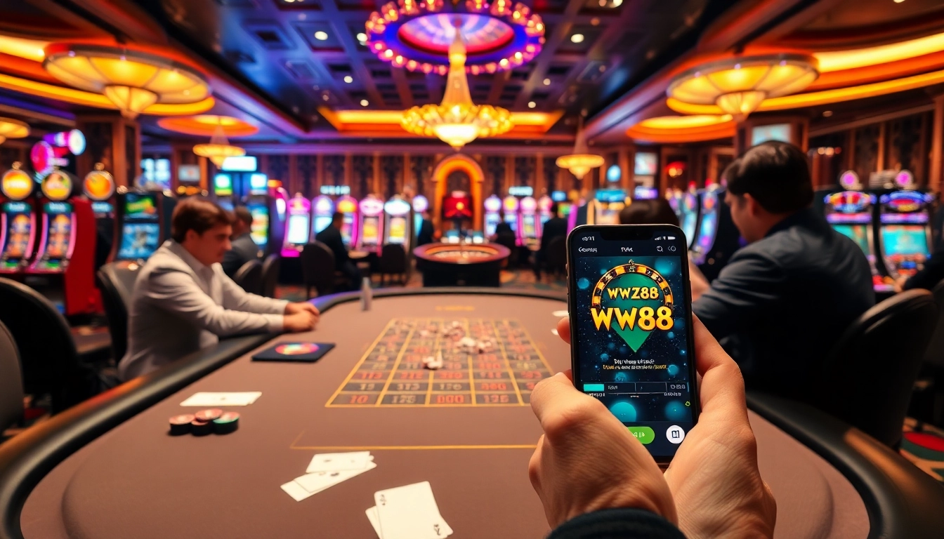 Engage with ww88 at a luxurious casino table featuring blackjack and high-stake poker players.
