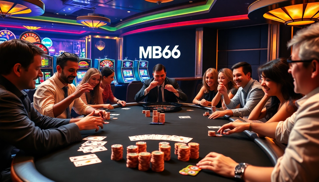 Players enjoying a thrilling poker game at a luxurious casino table, highlighting mb66.nyc gambling experience.