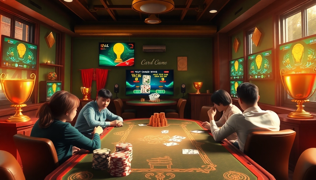 Dynamic gaming scene featuring players at topgamebaidoithuong.mx engaged in card games, showcasing vibrant colors and a competitive atmosphere.