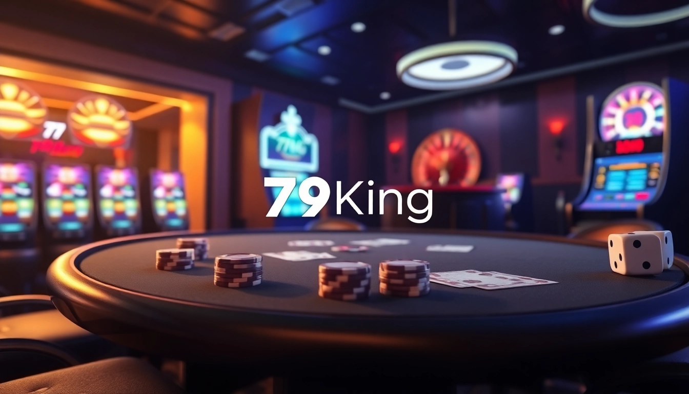 Engaging scene featuring 79King logo with poker table, vibrant slot machines, and roulette wheel.