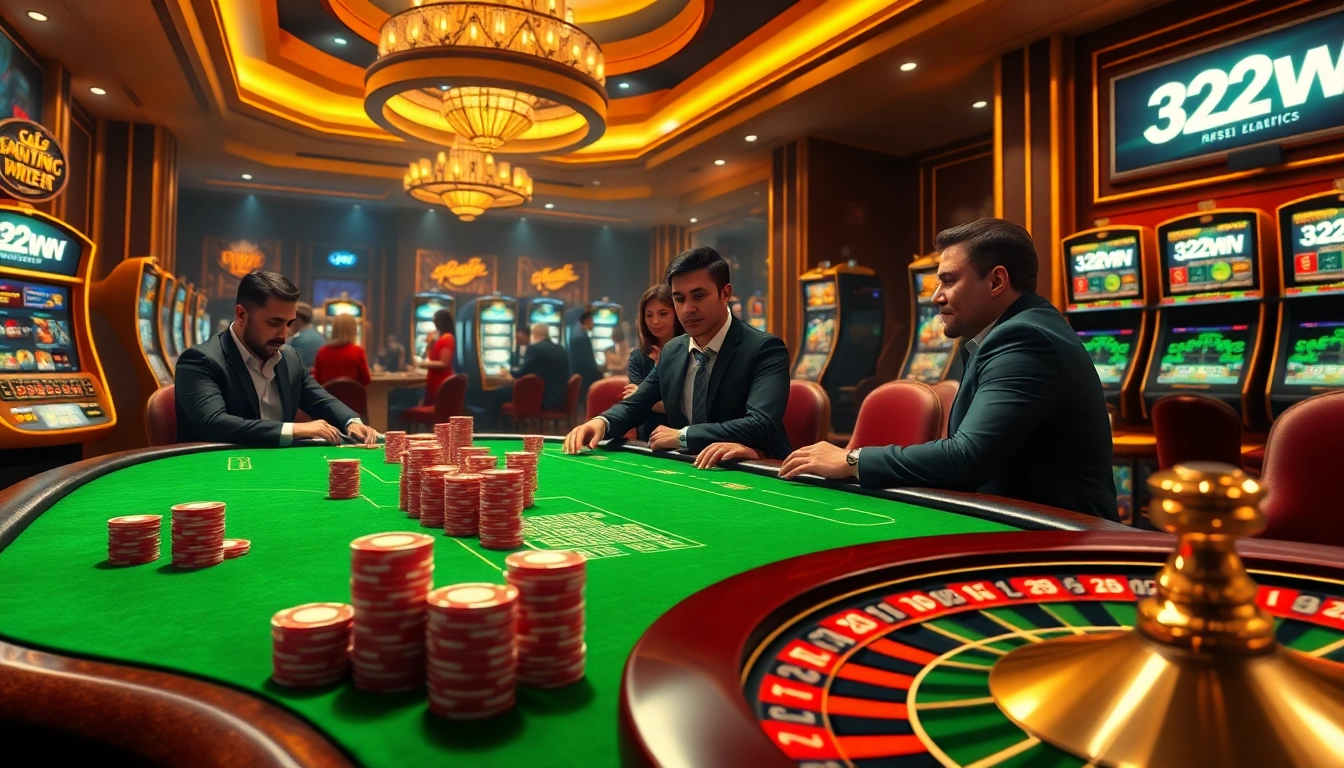 32WIN players enjoying a thrilling poker game at a luxurious casino table.
