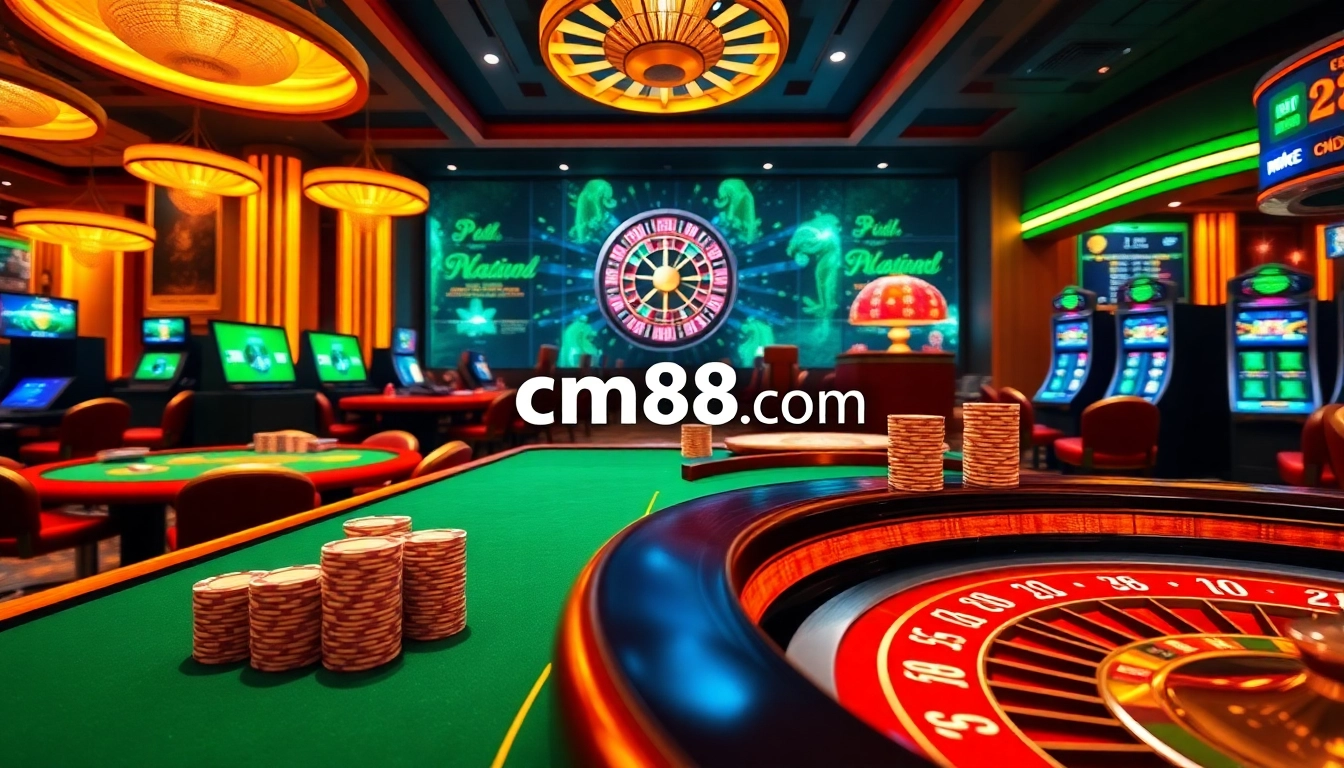 Players engaging in thrilling games at cm88.com, surrounded by vibrant casino elements.