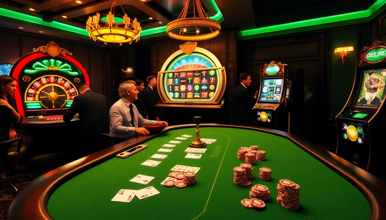 Engaging poker players surrounded by golf-themed games at https://mb66.golf/ casino.