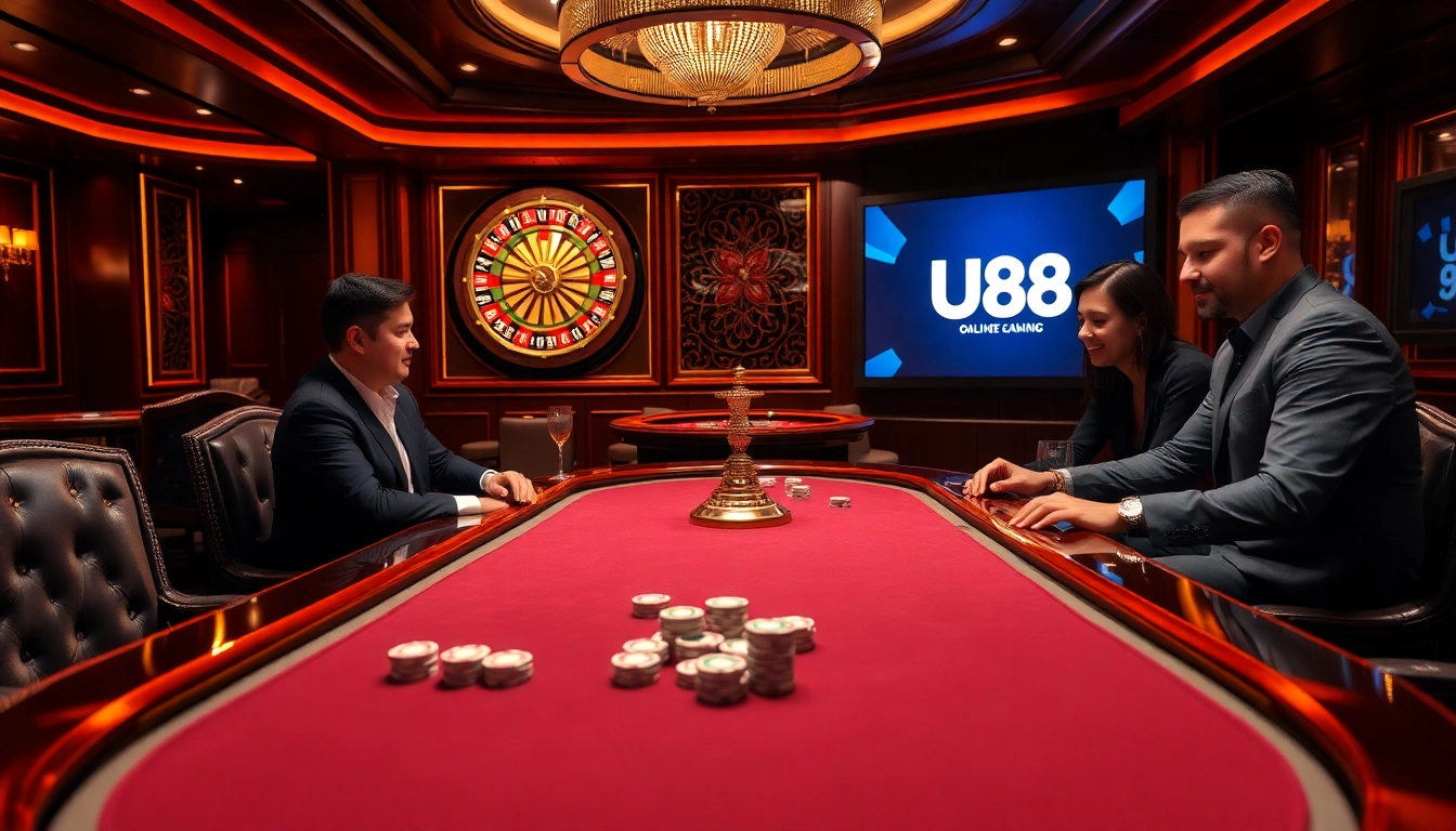 Intense poker action at UU88 casino, showcasing high-stakes gameplay and luxury decor.