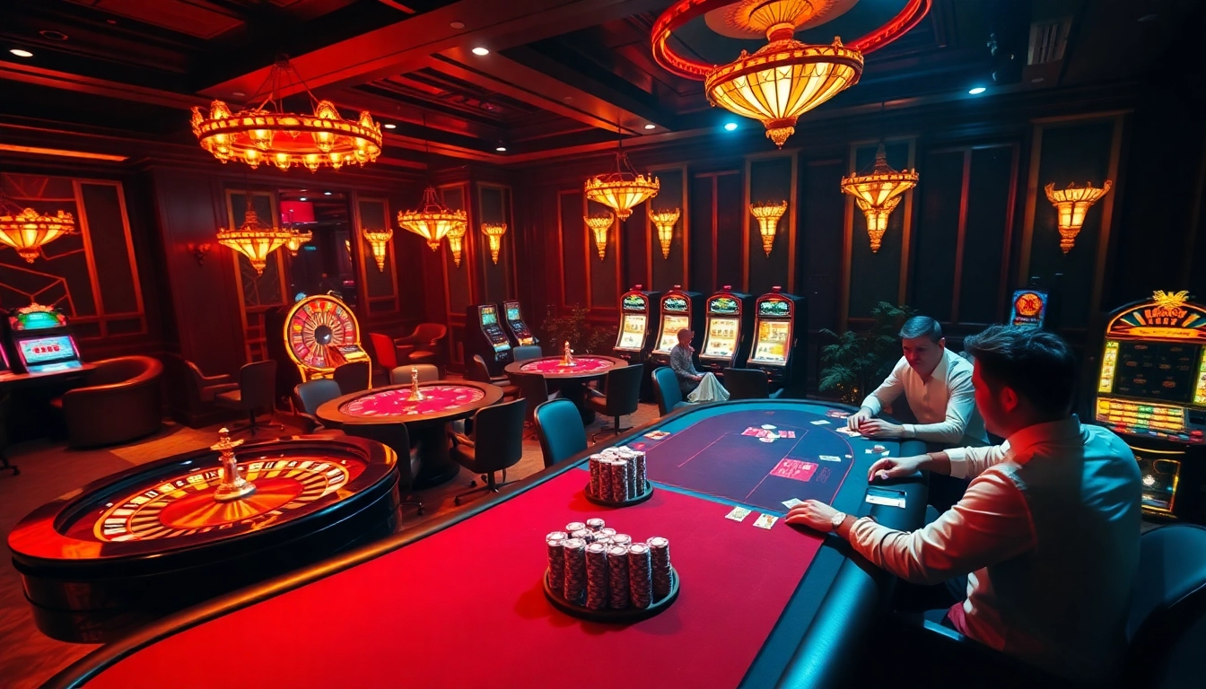 Experience the excitement of gambling at rikvip nhà cái with players engaged in high-stakes poker in a luxurious casino.