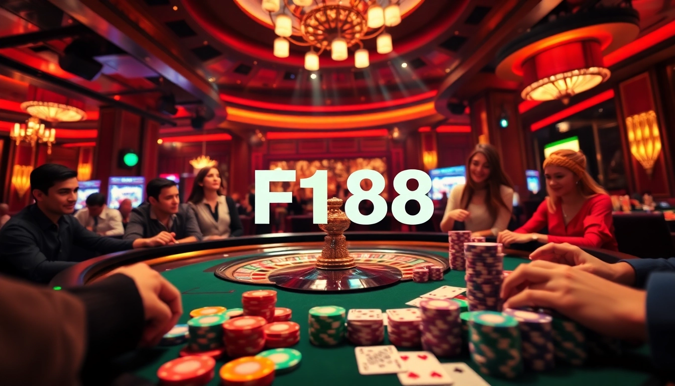 Players enjoying a thrilling poker game at F168 casino, with vibrant chips and cards in play.