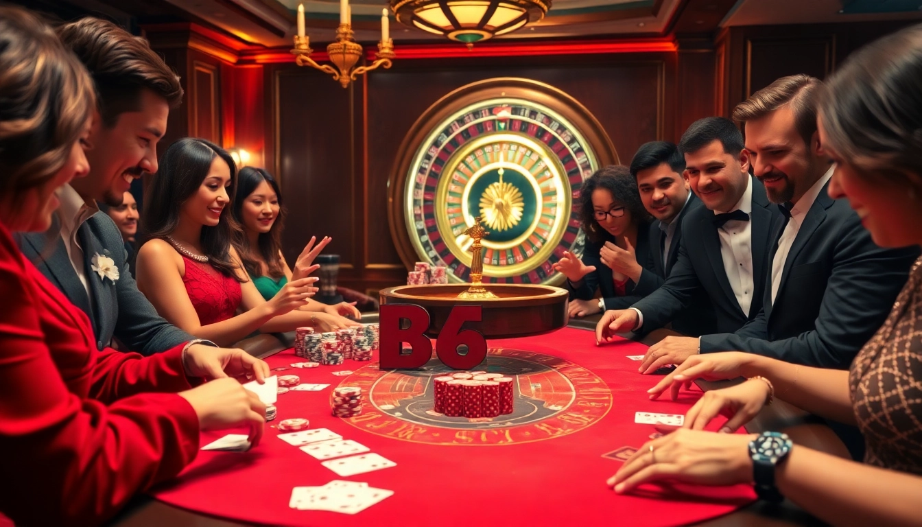 Engaging B52 poker game scene with vibrant chips and cards in a luxurious casino setting.