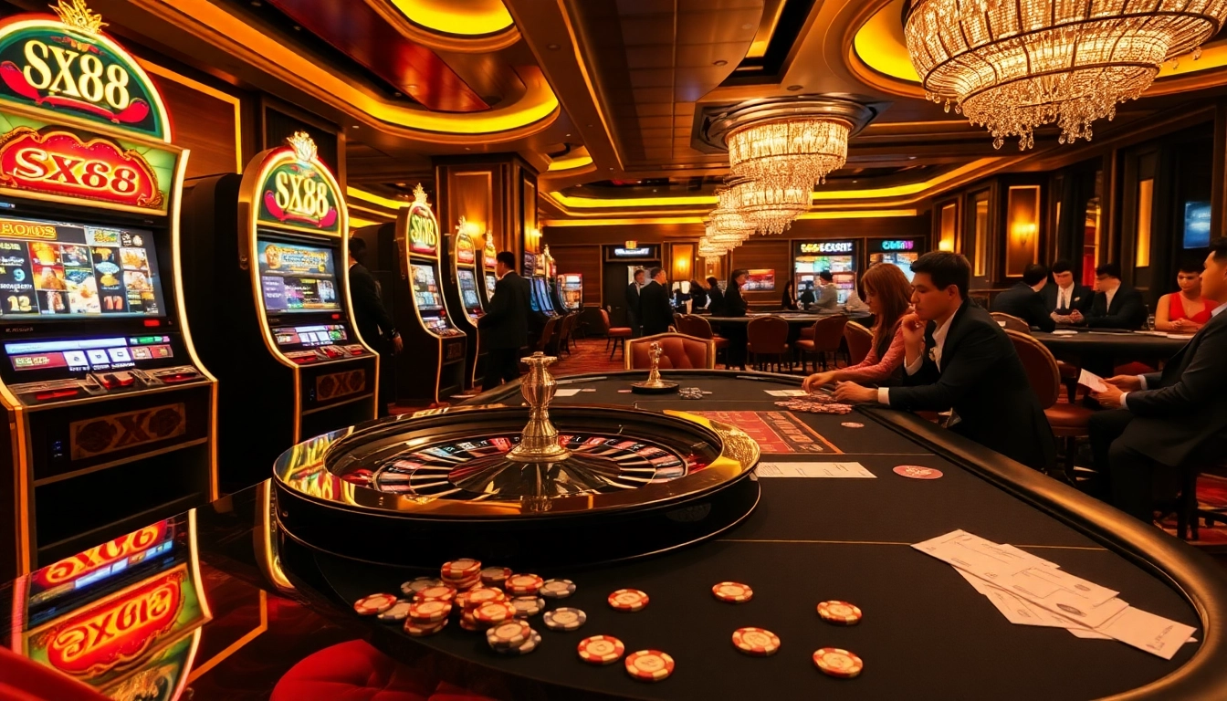 SX88 players enjoying high-stakes excitement at a luxurious casino with vibrant gaming tables.