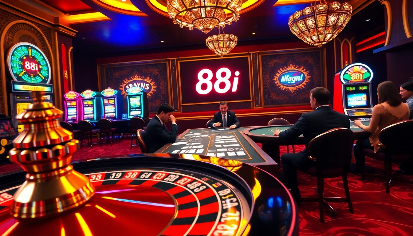 Gamblers experiencing a thrilling poker game at a vibrant casino with 88i signage.