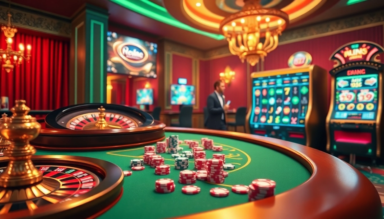 Experience the thrill of online gambling at https://s666hn.com/ with vibrant casino visuals including roulette wheels and poker chips.