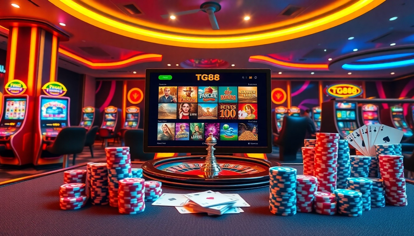 TG88 casino experience showcasing exciting games, poker chips, and roulette for gambling enthusiasts.