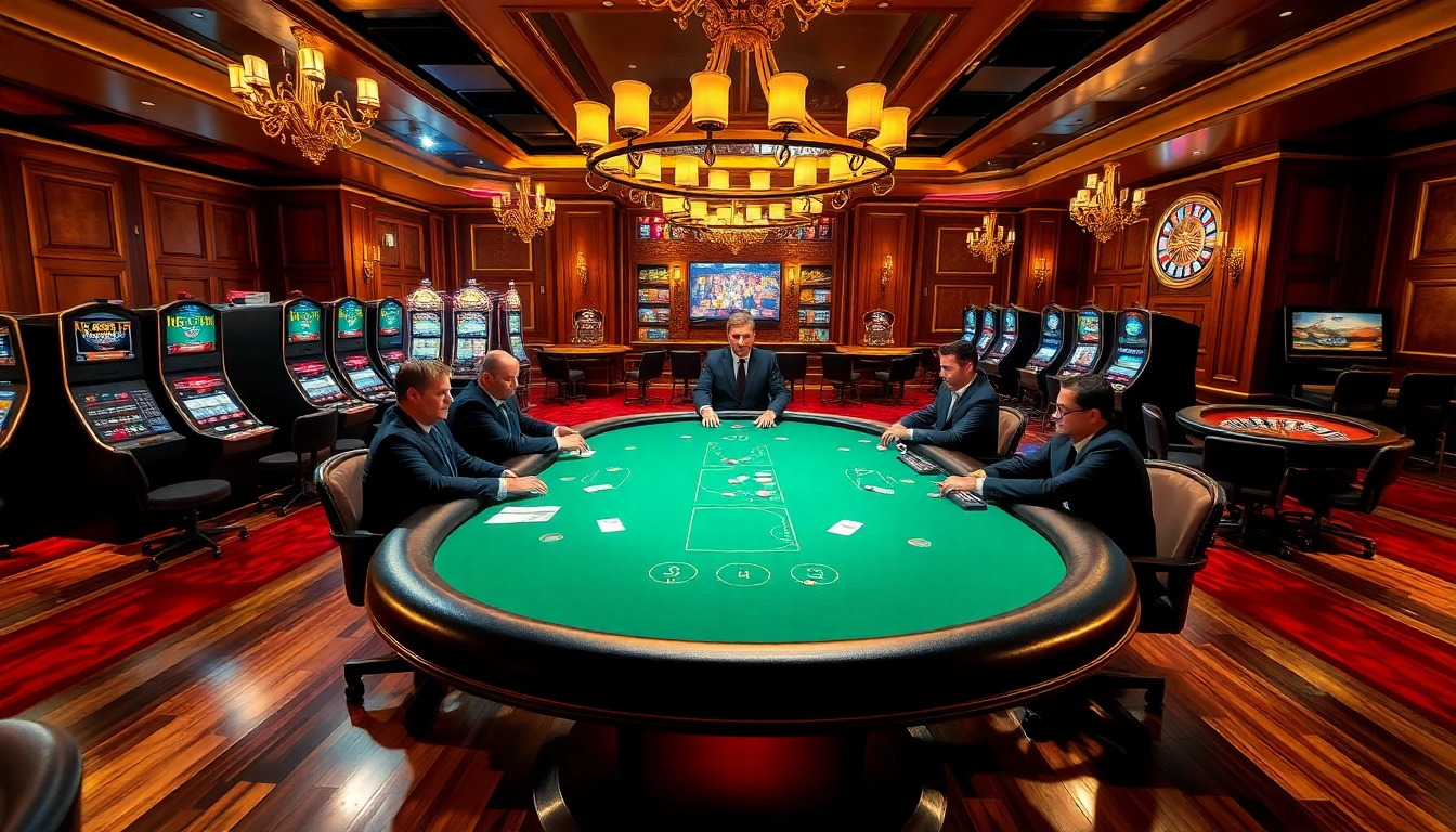 Engaging players at an 88i casino table surrounded by vibrant slot machines and roulette wheels.