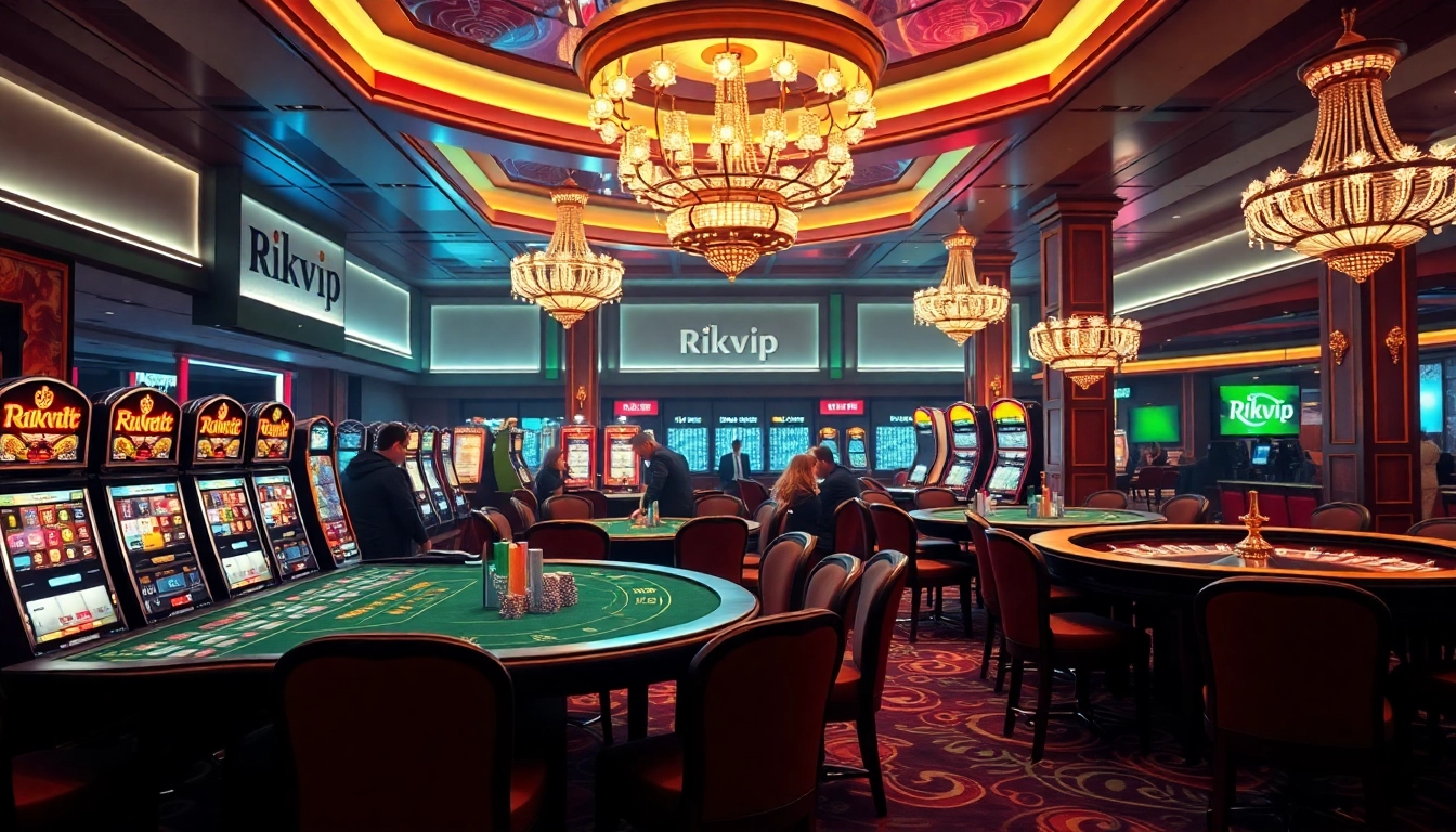 Exciting gameplay at Rikvip, showcasing high-stakes poker, vibrant slot machines, and luxury casino ambiance.