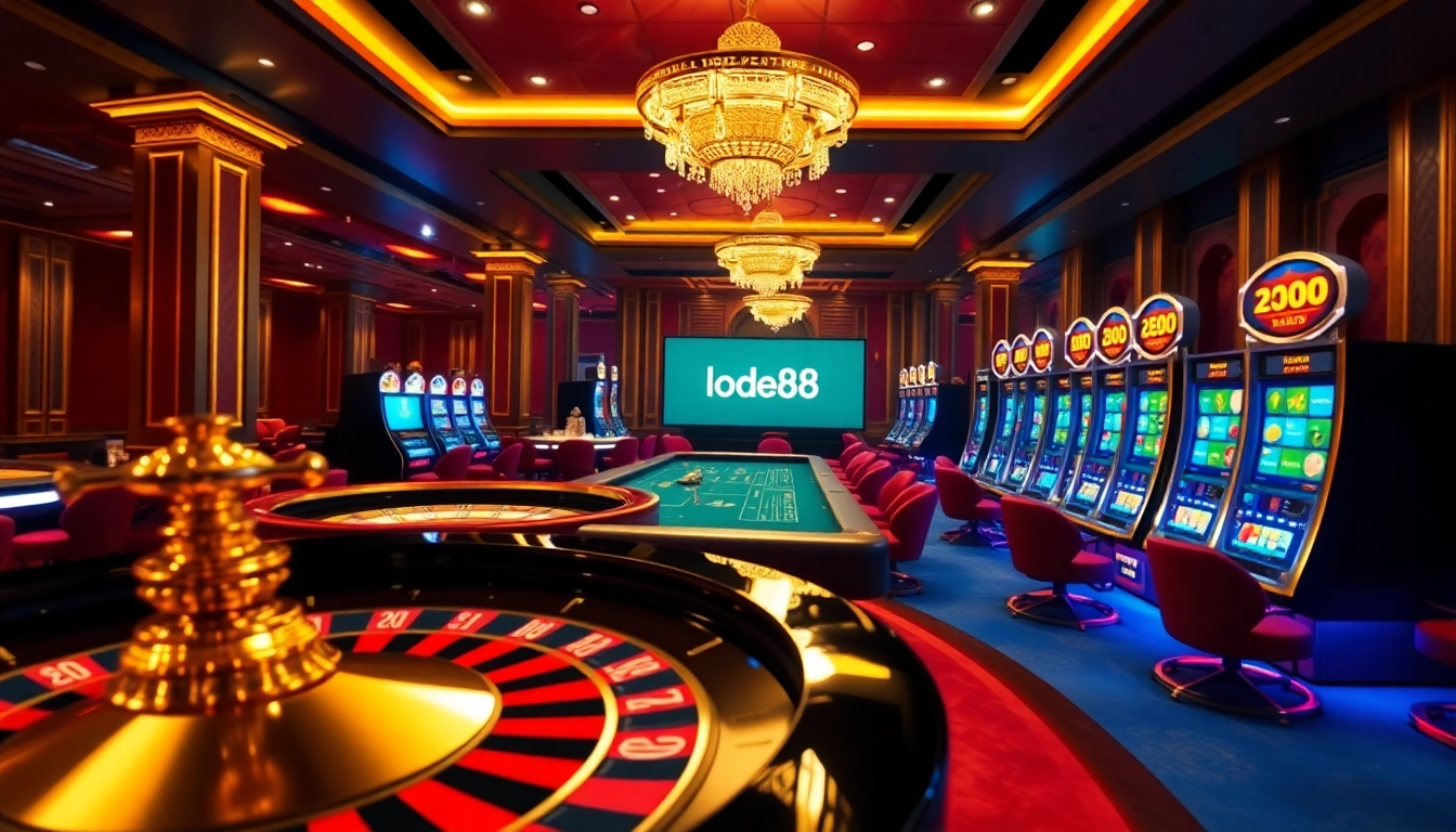 Players enjoying the excitement of lode88 at a luxurious casino filled with roulette and poker tables.