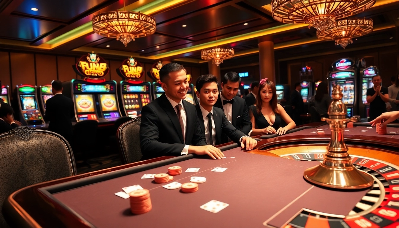 Excited gamblers enjoying a luxurious Fun88 casino experience featuring poker, roulette, and vibrant slot machines.