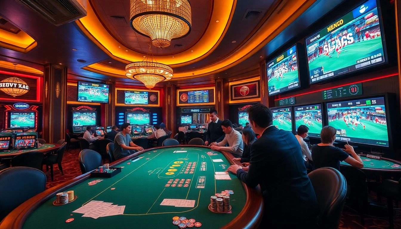 Kèo Bóng Đá betting scene showcasing sports betting excitement with luxurious casino elements.