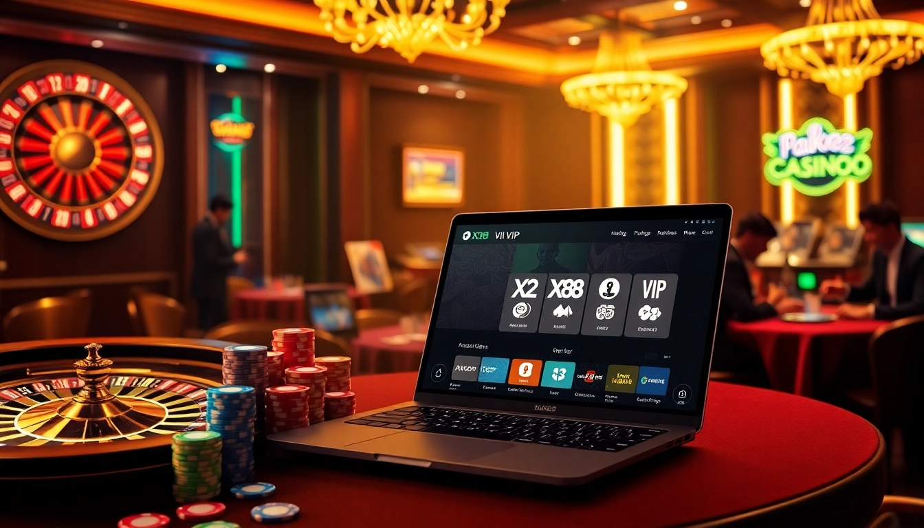 Xn88 vip players engaging in thrilling casino games with poker chips and a roulette wheel.