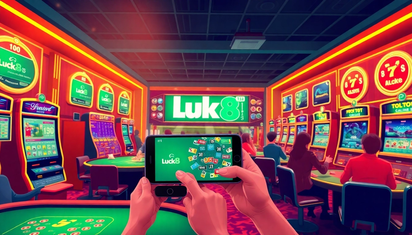 Experience the thrill of online gaming at luck8win.live in a luxurious casino setting with engaging players and vibrant digital elements.