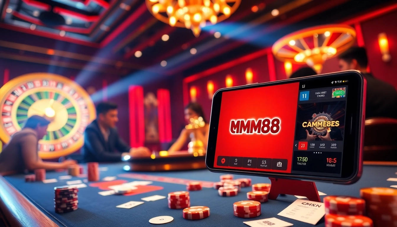 Engaging casino scene with players at the MM88 poker table, featuring vibrant chips and a roulette wheel.