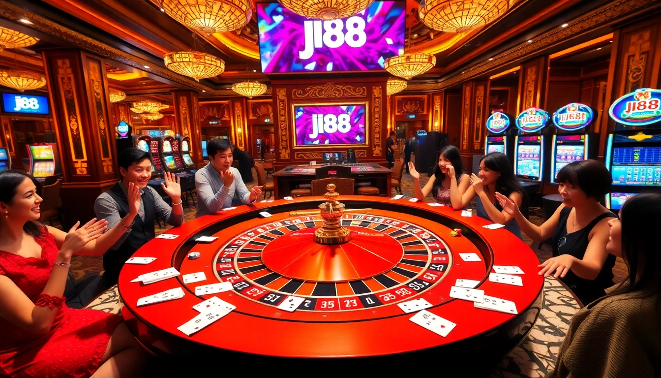 Experience high-stakes gaming at the j88-themed casino with vibrant roulette and poker tables.
