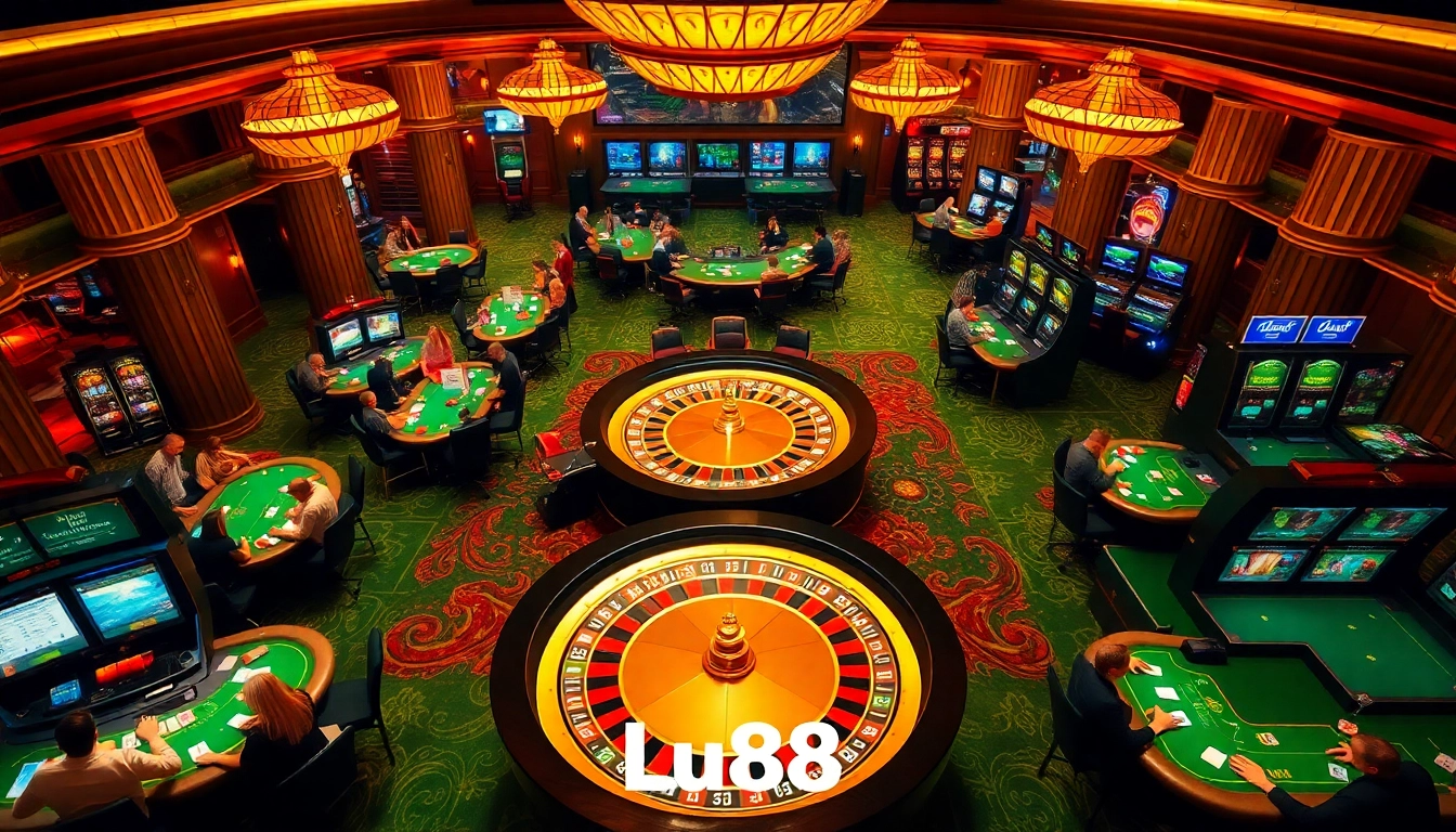Excited players engaging in intense gambling activities at Lu88 casino tables with roulette and poker.