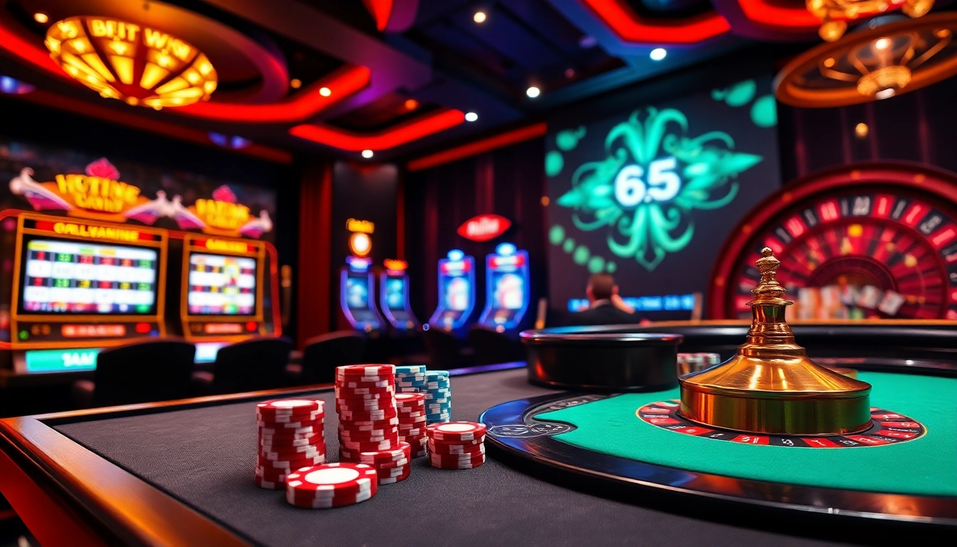 Experience thrilling gameplay at rikvip.gb.net with vibrant casino visuals showcasing poker, slots, and roulette.