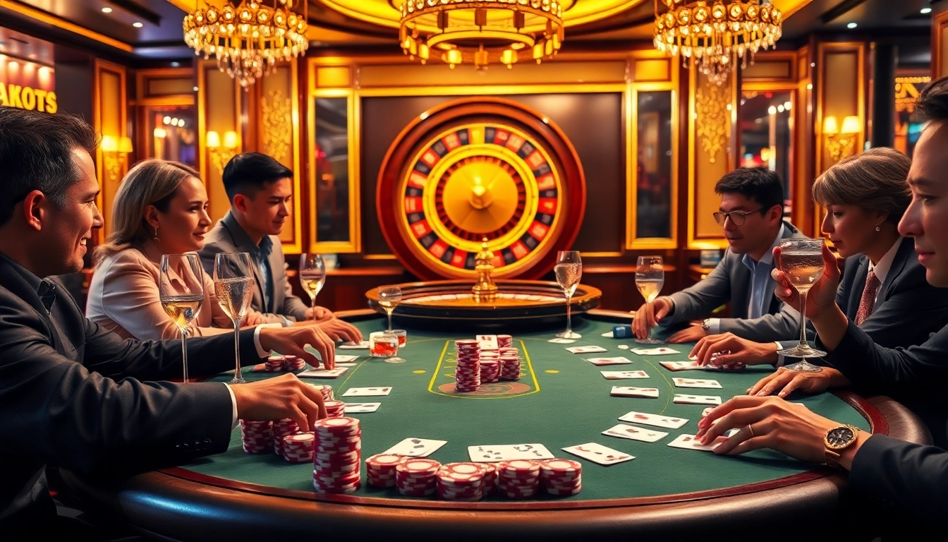 Players enjoying an intense game at AX88's luxurious casino, showcasing thrilling poker action.