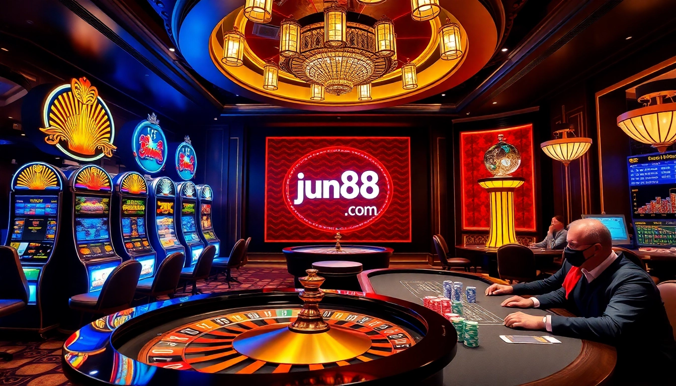 Experience the excitement of gaming at jun88 com with colorful poker chips and slot machines.