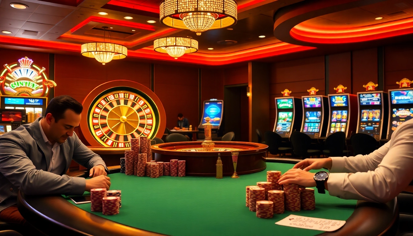 Experience the thrill of https://kkwin.life/ with an exciting casino scene showcasing poker, roulette, and slot machines.