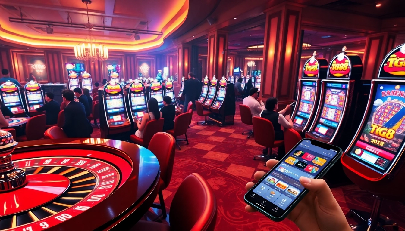 Players enjoying the exciting atmosphere of TG88 casino with slot machines and roulette.