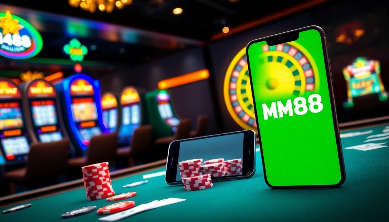Experience MM88's thrilling casino atmosphere with vibrant poker chips and a spinning roulette wheel.