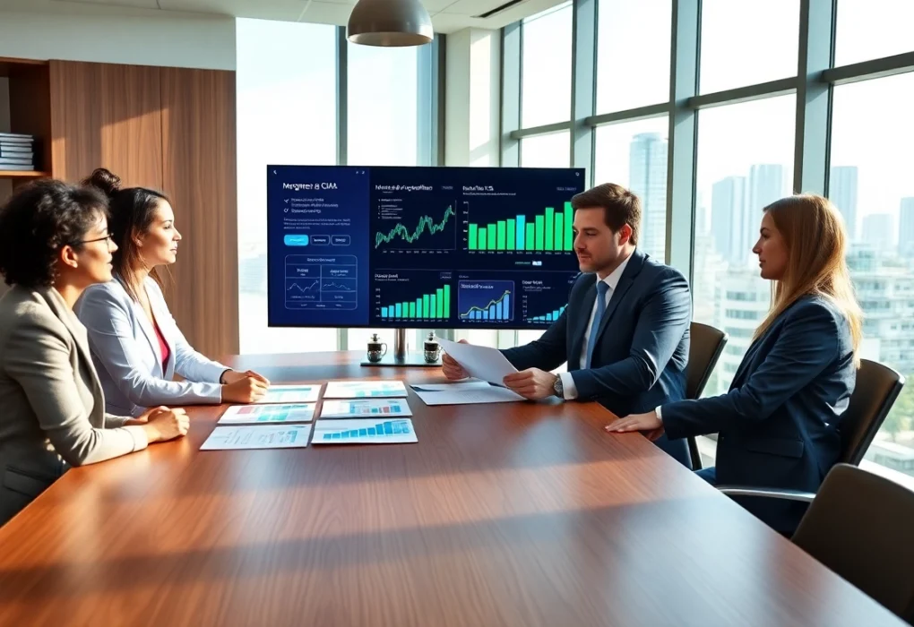 Mergers and acquisitions in the US discussed by diverse professionals in a modern Miami office setting.