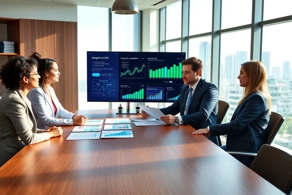 Mergers and acquisitions in the US discussed by diverse professionals in a modern Miami office setting.