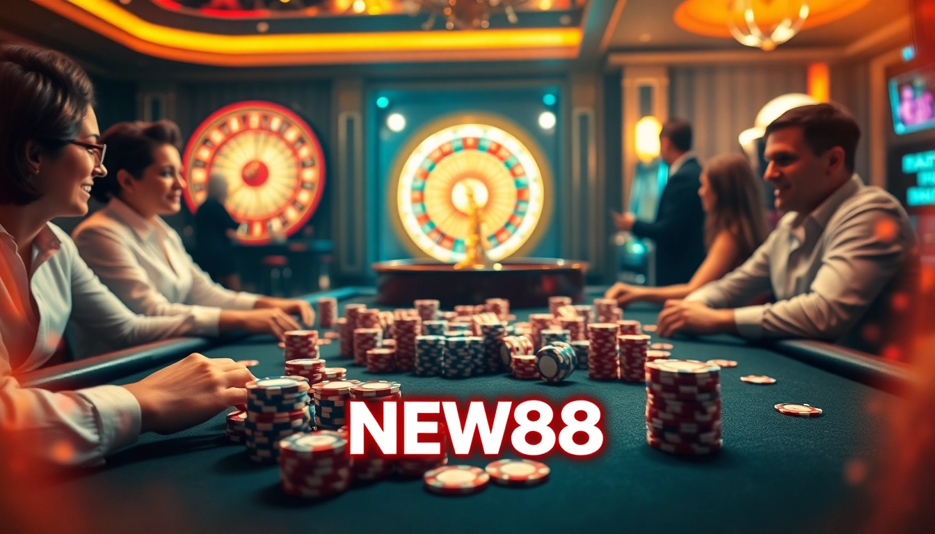 Experience high-stakes thrills at NEW88 with an elegant poker table, poker chips, and a roulette wheel.